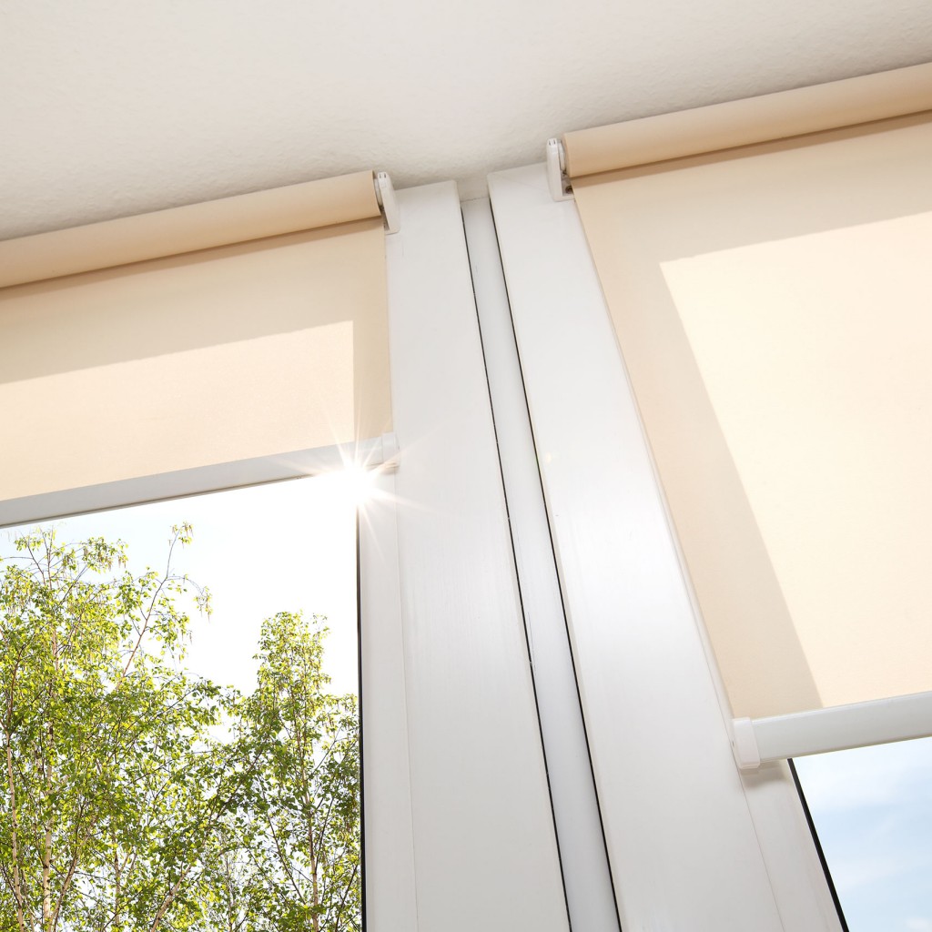 A bright window with light beige roller shades partially covering window facing green tree and sun