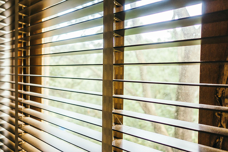 horizontal brown wood blinds overlooking forest during daytime
