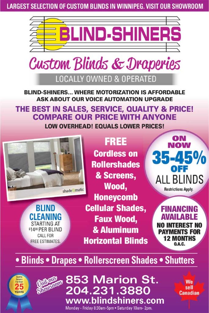 flyer poster for a sale on custom blinds and draperies at Blind Shiners in Winnipeg